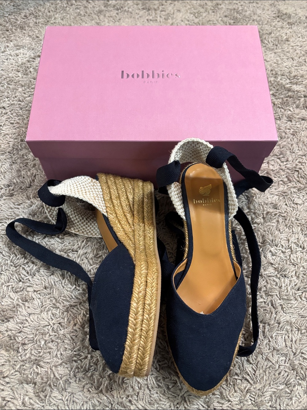 Bobbies Paris, Camilla Navy Canvas Espadrille Wedges with Ankle Ties
